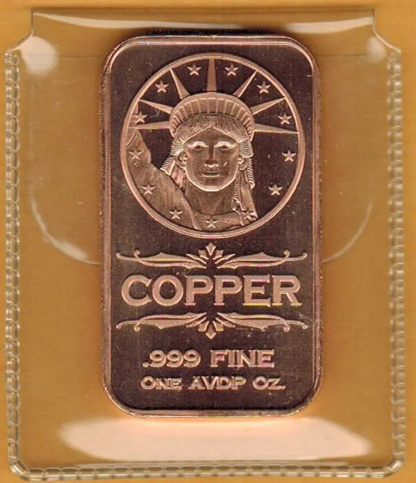 1 OUNCE COPPER BAR - .999 FINE - STATUE of LIBERTY