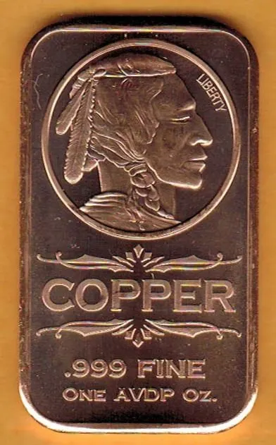 1 OUNCE COPPER BAR - .999 FINE - US INDIAN HEAD NICKEL COIN DESIGN