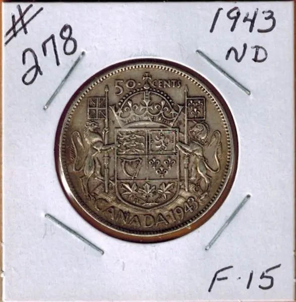 1943 CANADIAN SILVER 50 CENT COIN - NARROW DATE