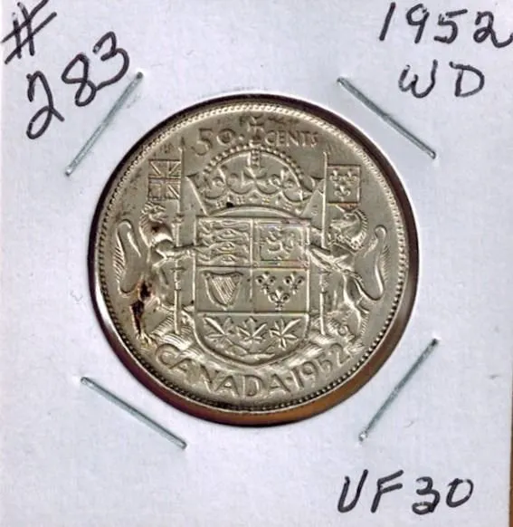 1952 CANADIAN SILVER 50 CENT COIN - WIDE DATE