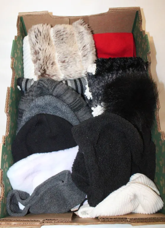 BOX WITH WINTER HATS, SCARVES, HEAD BANDS,