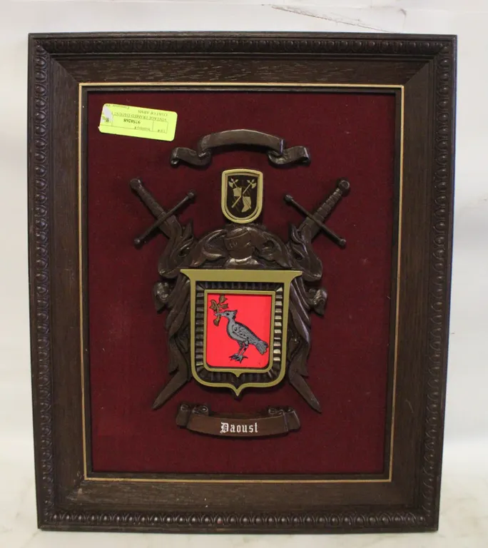 VINTAGE FRAMED DAOUST FAMILY COAT OF ARMS 14.5" X