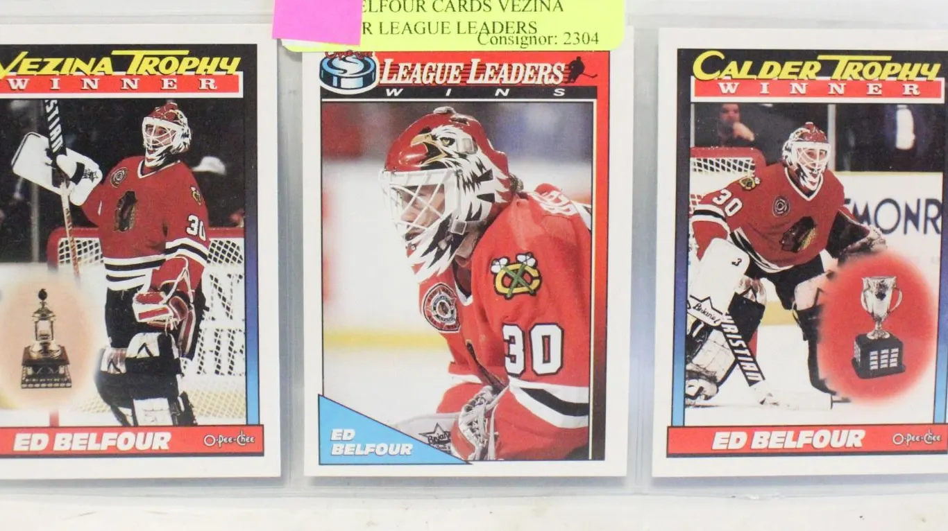 3 ED BELFOUR CARDS VEZINA CALDER LEAGUE LEADERS
