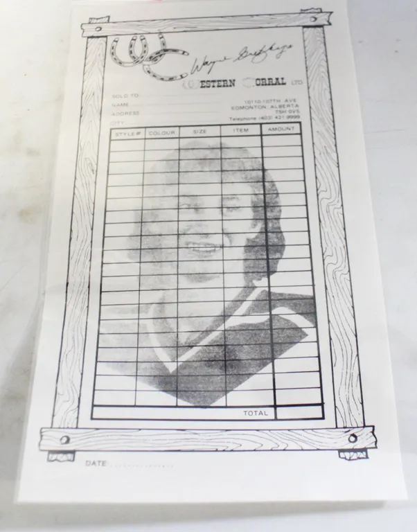 1981 GRETZKY WESTERN CORRAL SALES INVOICE 9" X 6"
