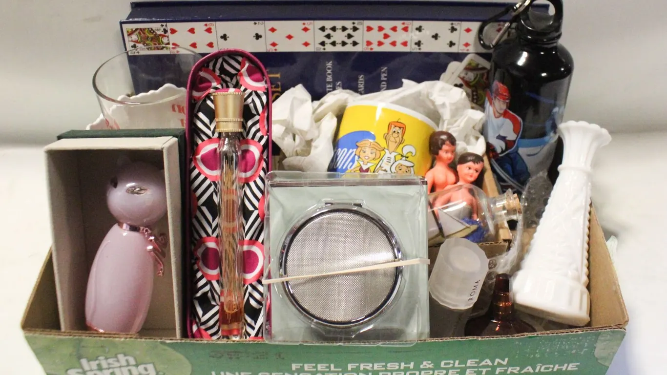 LOT OF MILK GLASS, JETSON’S MUG, OLD PERFUME-