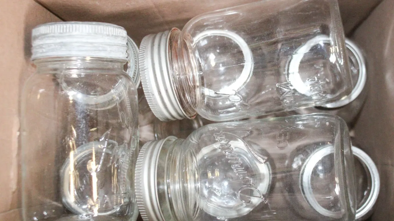 BOX OF VINTAGE JARS SOME WITH GLASS TOPS