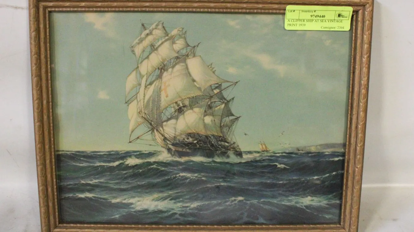 A CLIPPER SHIP AT SEA VINTAGE PRINT 1939