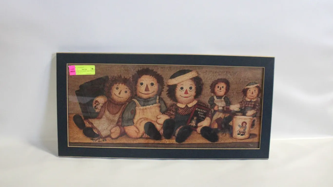 VINTAGE "RAGGEDY ANN" FRAMED PRINT 24" X 11"