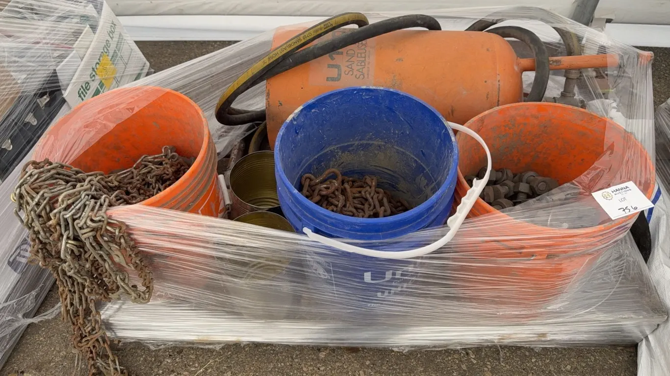 Industrial Hardware Lot Featuring Structural Bolts, Nuts, Chain & Sandblasting Equipment