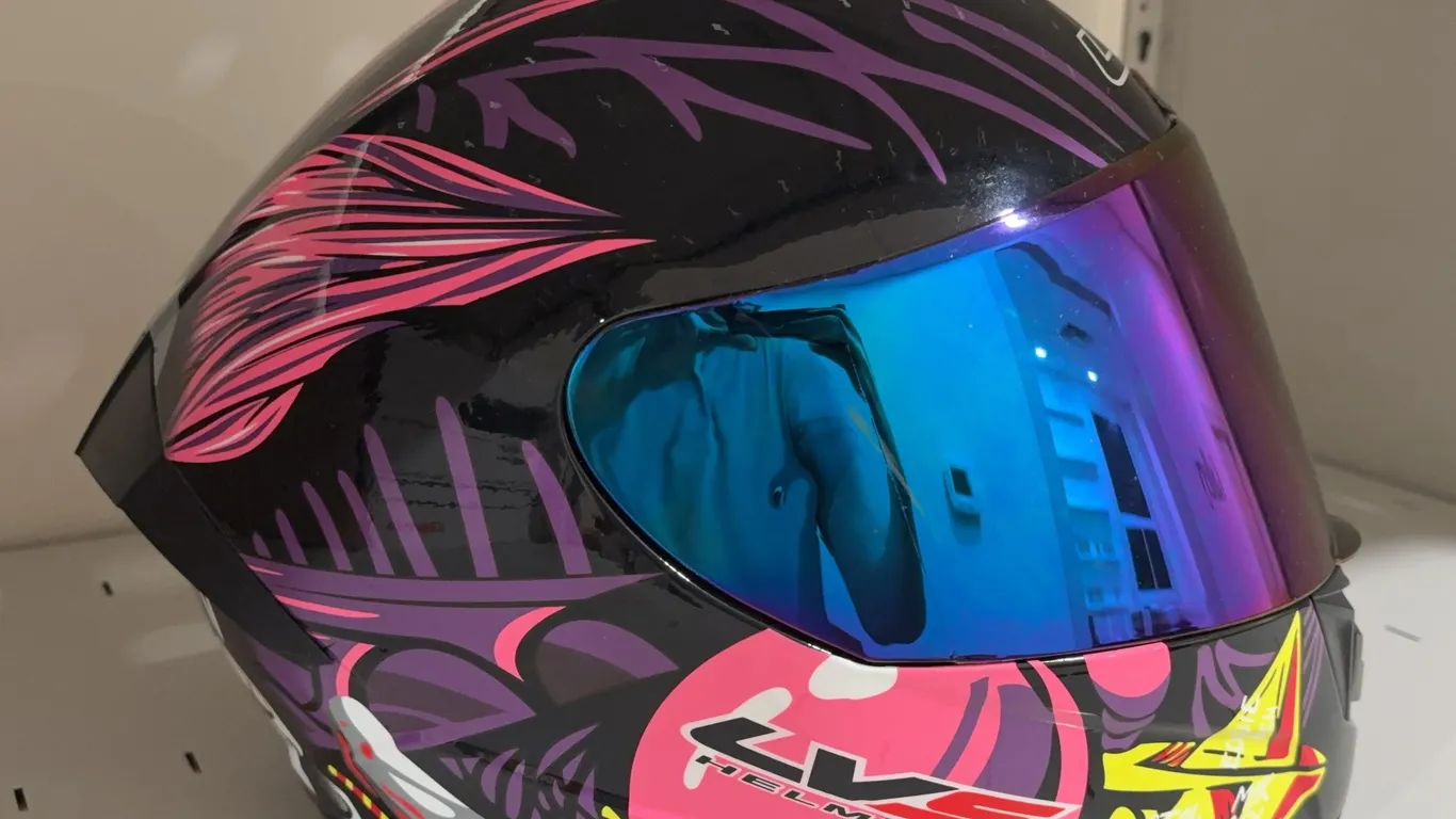 Motorcycle Full-Face Helmet with Iridescent Visor - Pink & Black Graphics