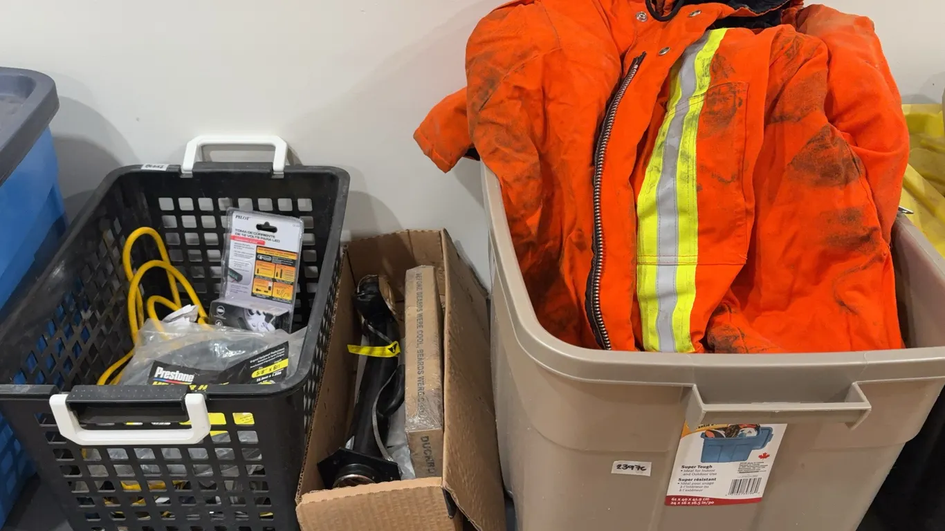 Safety Overalls, Extension Cord, Hardware Bin & Parts Lot