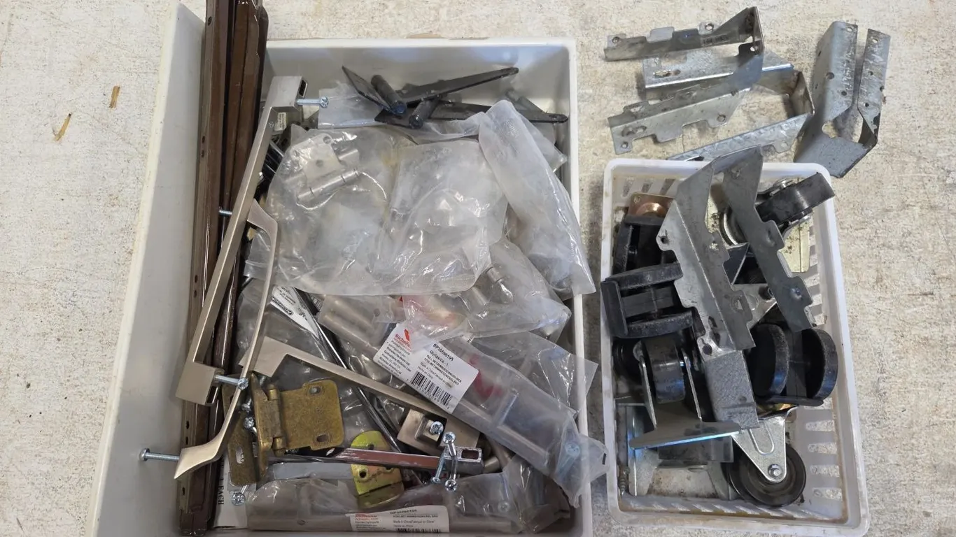 Large Quantity of Assorted Hinges, Drawer Slides, Casters and More (P9-E-S315)