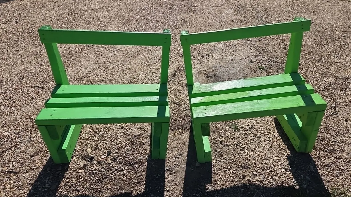 2 Kids Benches. Green, Marked S+T (P9-Out-S25)