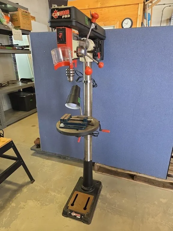 Can Wood Pro Drill Press w/Chuck Key, Magnetic Lamp & Vice, Marked 3 (P9-FL-S1955)