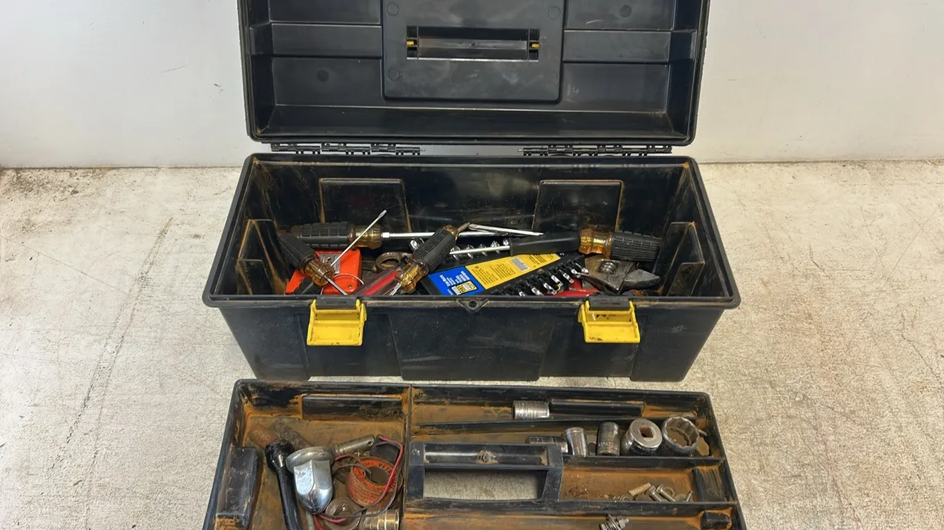 Black Plastic Tool Box w/Contents, Do Not Pick Up By Handle, Item 62 (P9-J-S1955)