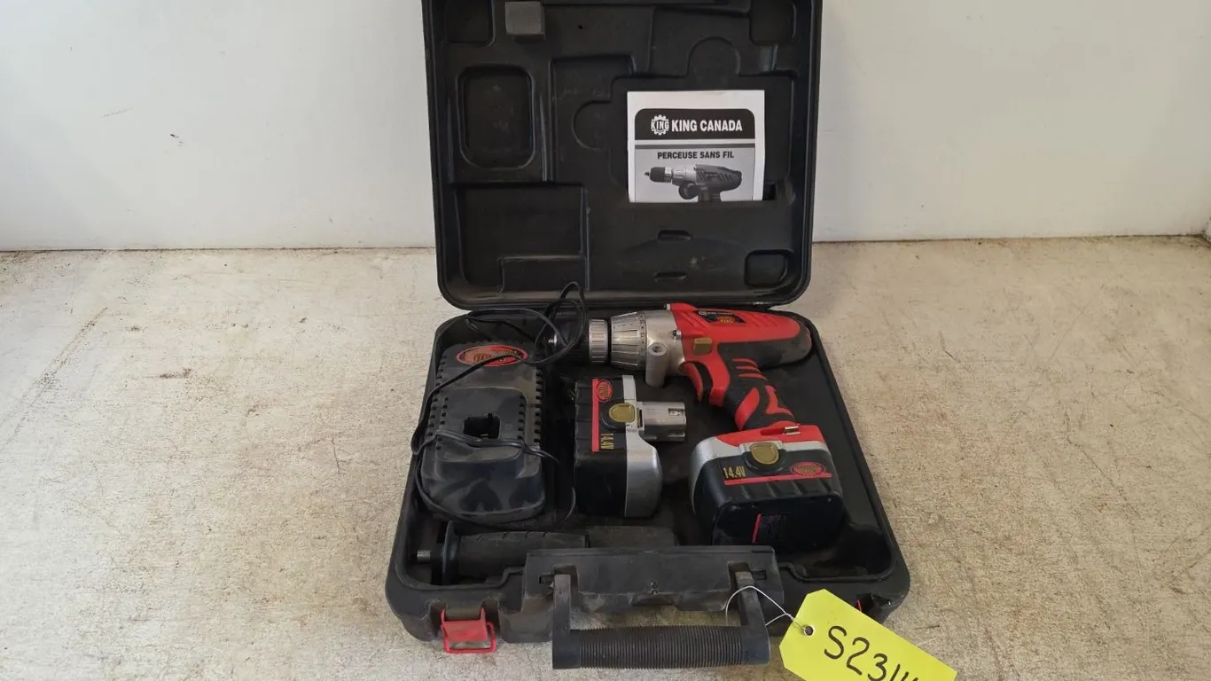 King Canada Battery Powered Drill w/ 2 Batteries, Charger & Case, Marked 10 (P9-C-S2314)