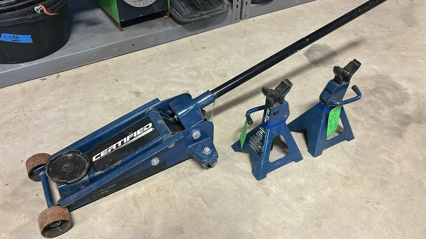 Certified Garage Jack 3 Ton and 2 Certified Axel Stand 3 Ton, Marked 149 (P9-K-S11)