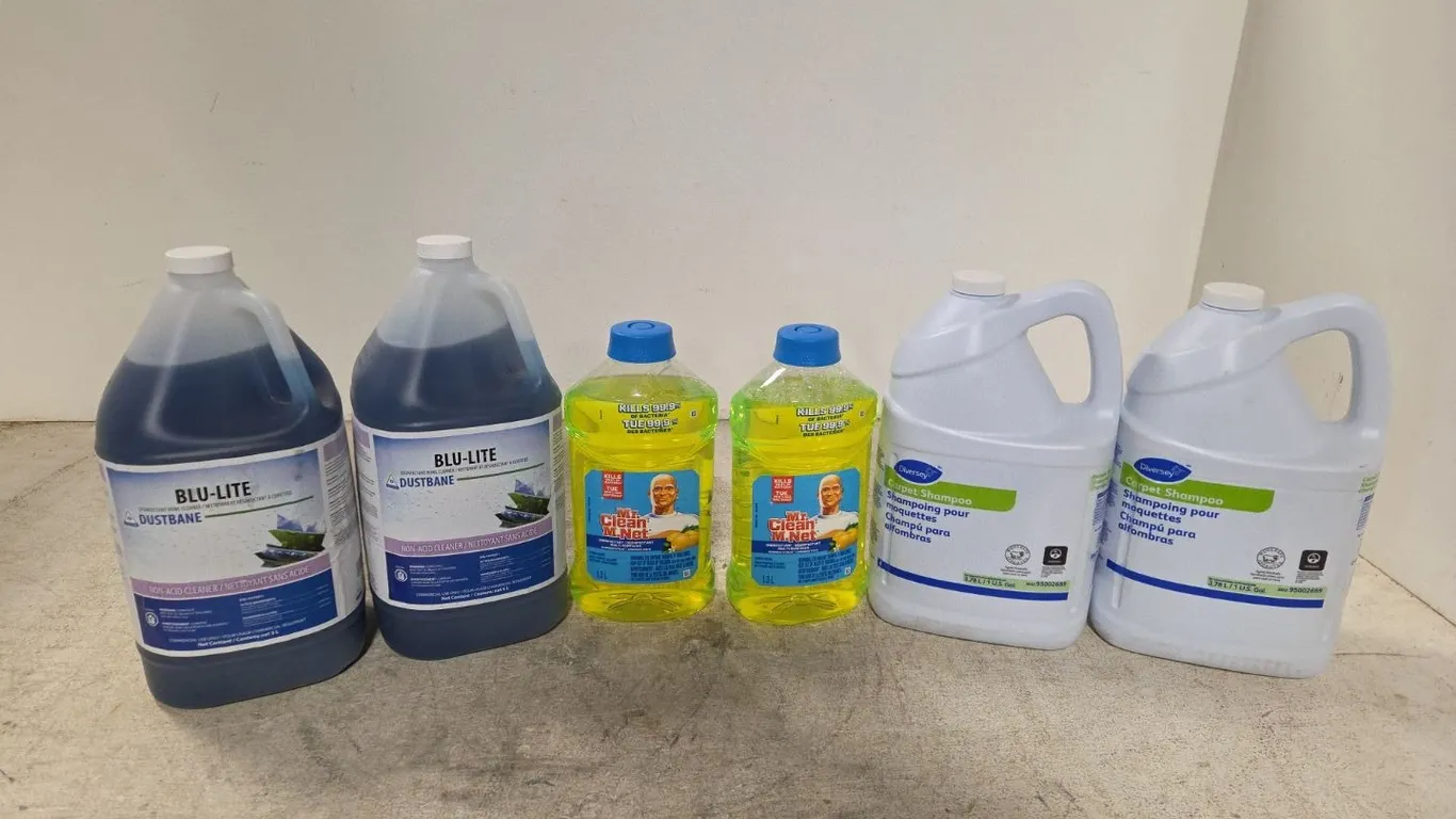 2 Qty 5L Dustbane Blu-Lite Disinfectant Bowl Cleaner, Commercial Quality & 2 Diversey Carpet Shampoo, 2 Mr. Clean 1.3L, Marked 3 (P9-A1-S215)