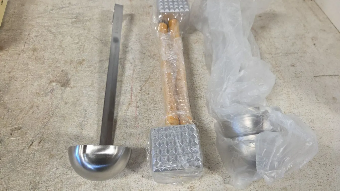 2 Meat Tenderizing Mallets, 5 Stainless 5oz Soup Ladles, Marked 14 (P9-Z-S215)