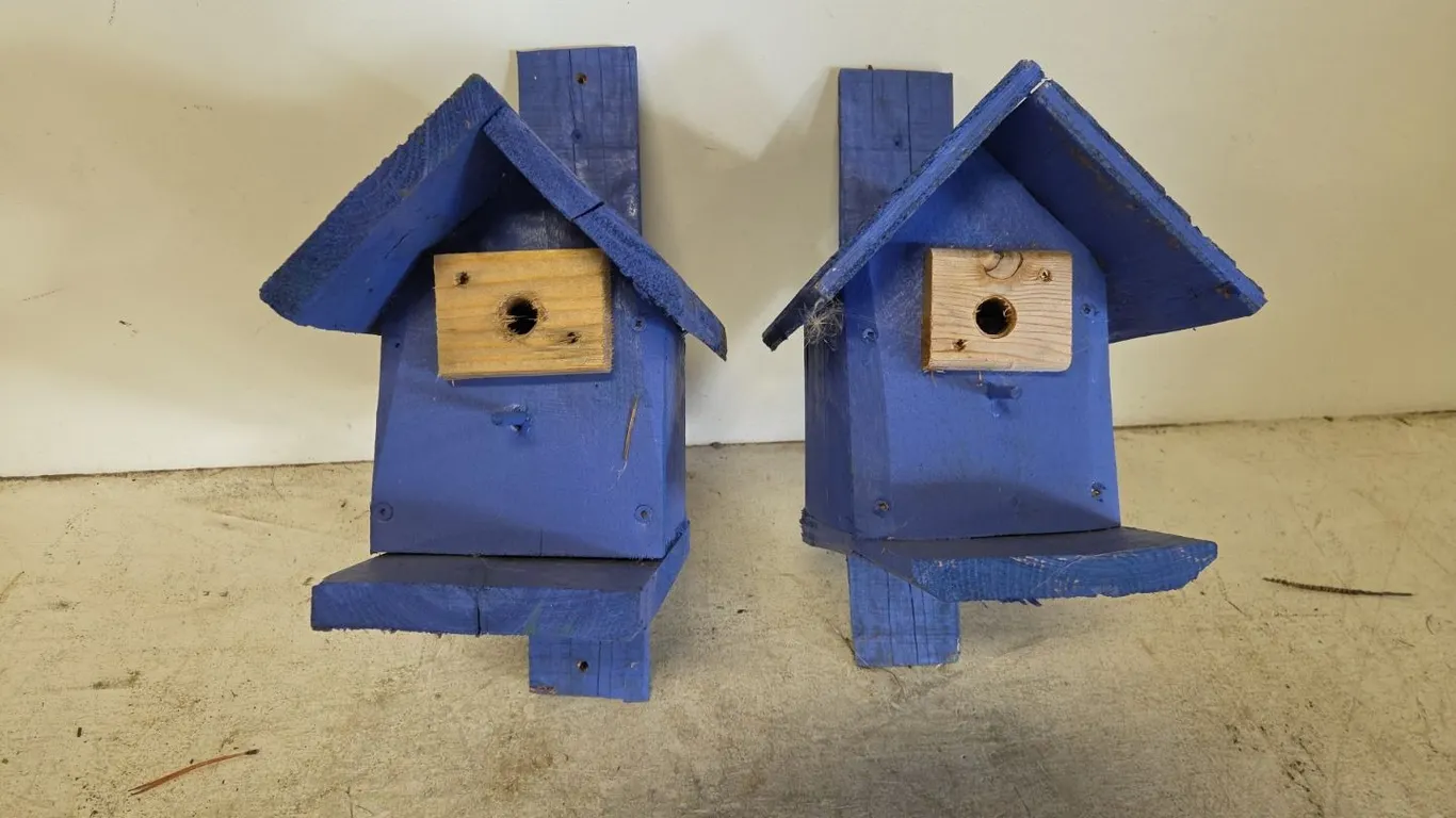 2 Purple Bird Houses , Marked G H (P9-Out-S25)