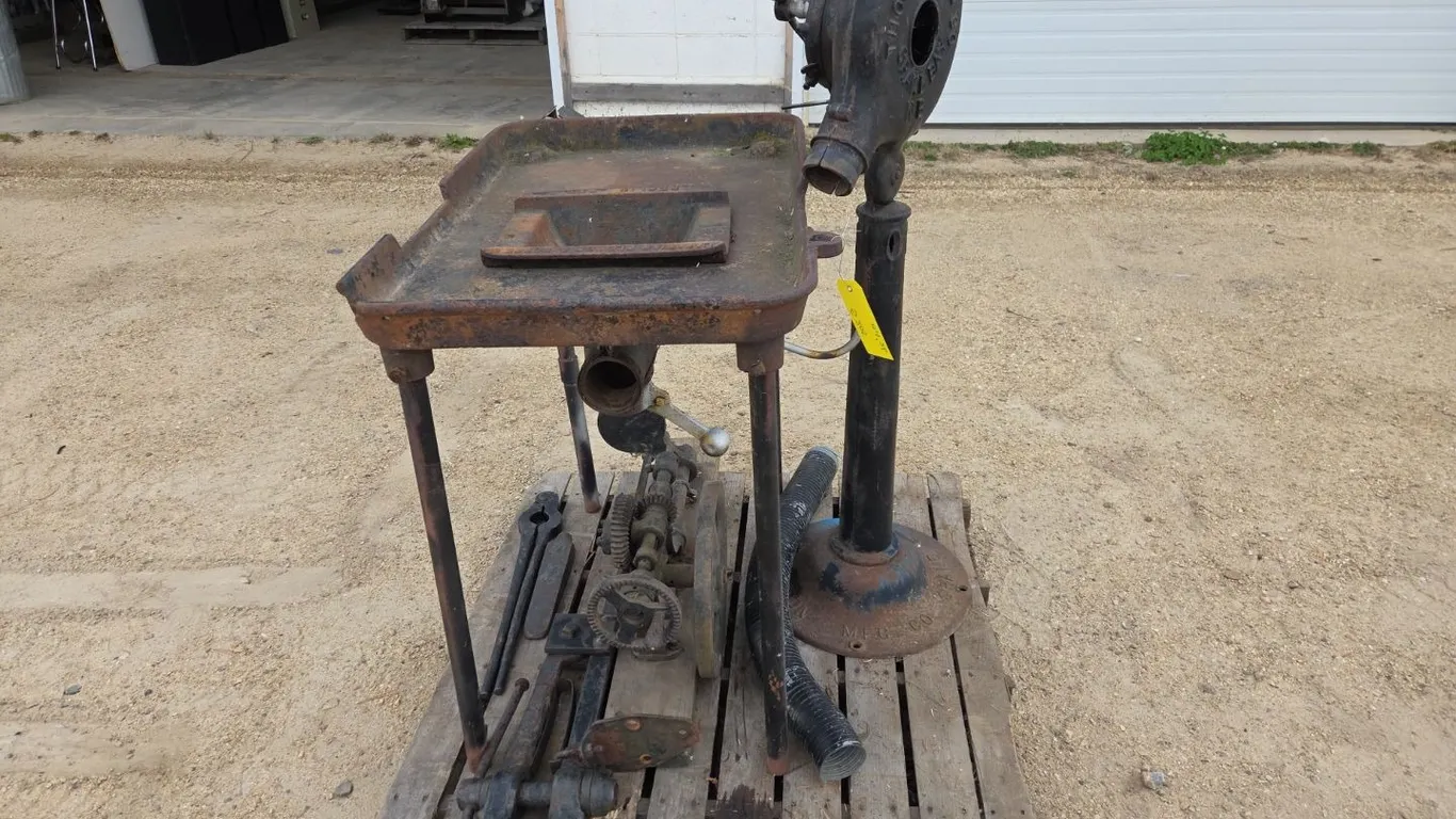 Blacksmith's Lot, Vintage Working Forge Hand Crank Blower, Leg Vise and Vintage Post Drill (P9-Out-G-S205