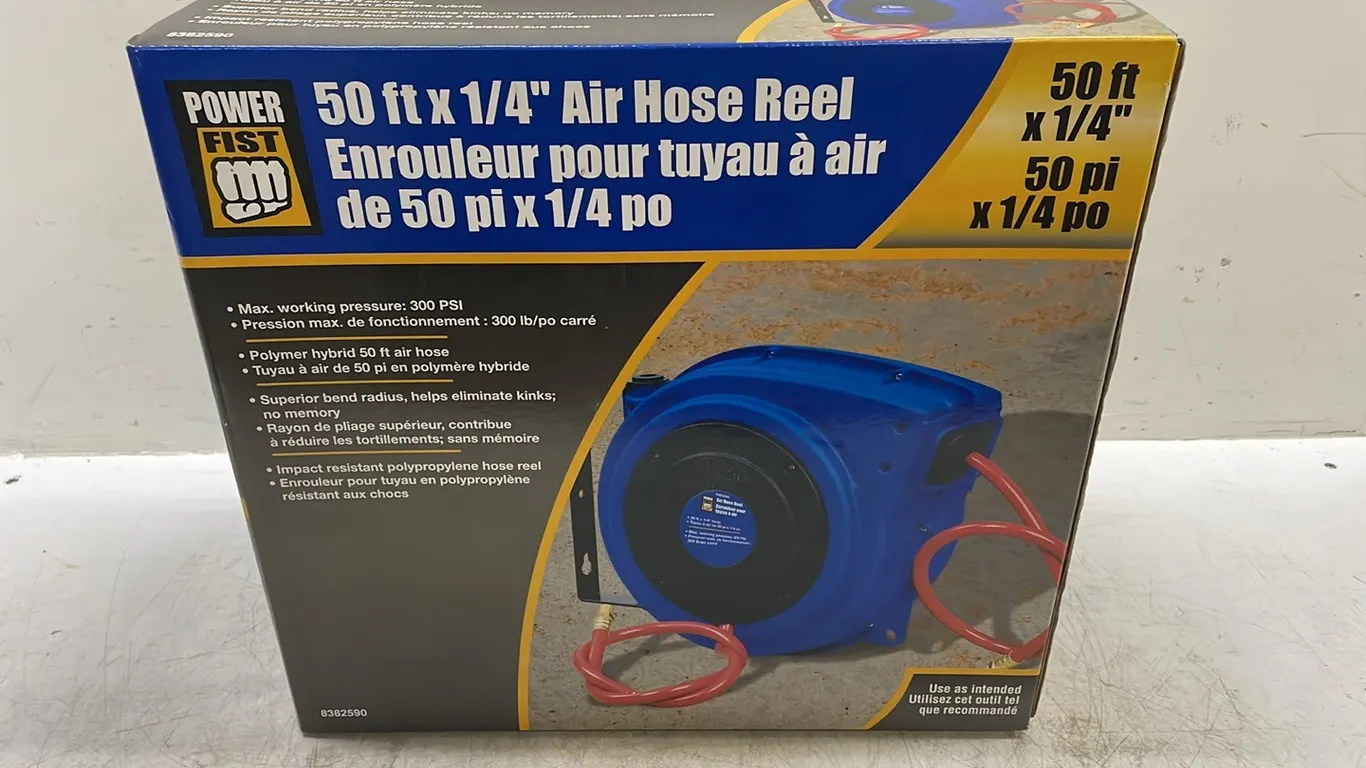 Power Fist Retractable 50 Ft x 1/4" Air Hose and Reel, New In Box As Per Seller (P2-NWT3-S1364)