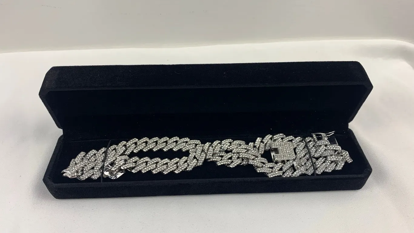 New Platinum Plated 14.0mm Simulated Diamond (CZ) Iced Out Cuban Link Necklace, 20" Long, Marked 8 (P6-S1994)