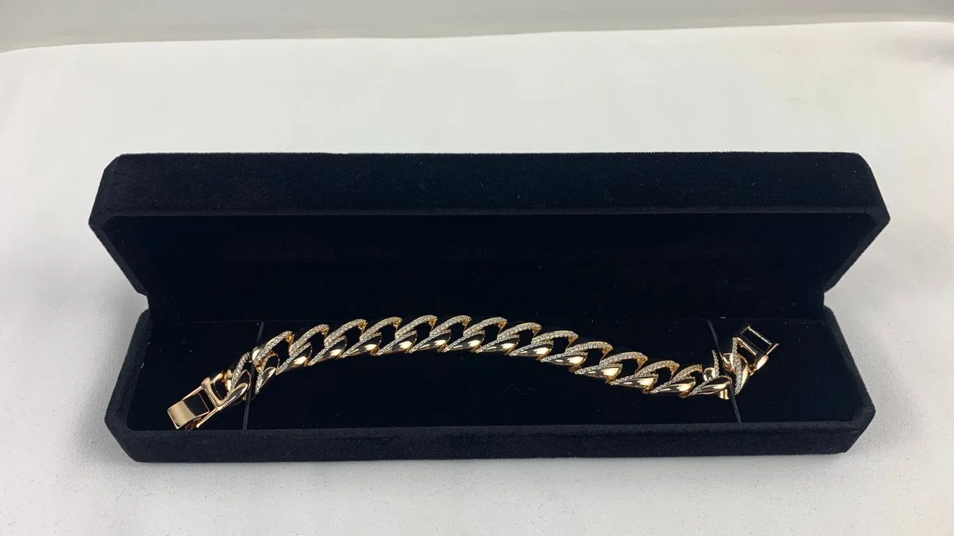 New 18K Gold Plated 14.0mm Simulated Diamond (CZ) Iced Out Cuban Link Bracelet - 8" Long, Marked 11 (P6-S1994)