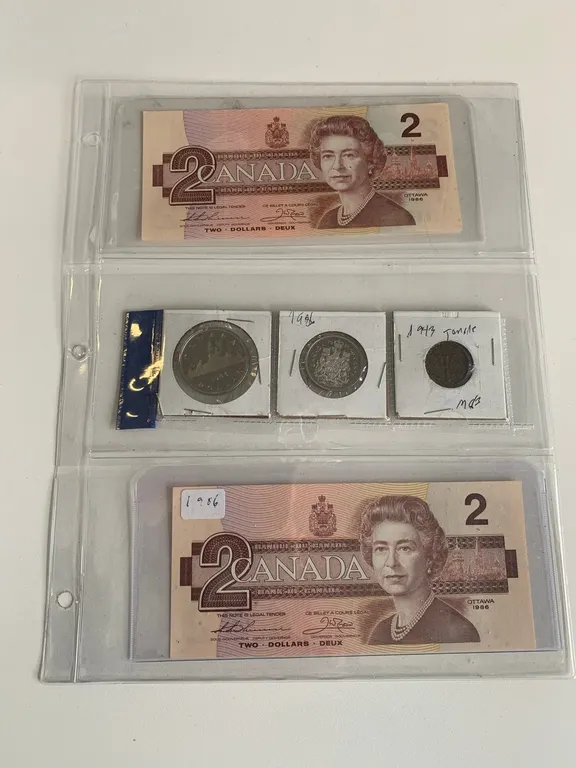 1943 $2 and $1 Bills, .50 and .05 Cent Coins, Item #36 (P6-S2162)