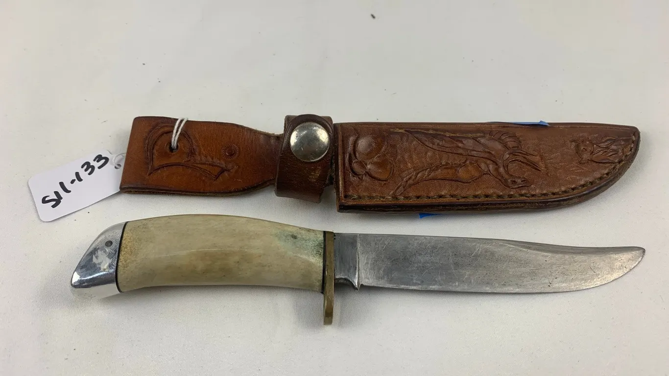 Fixed Blade Knife with Leather Sheath, 4 3/4" Blade, 8 1/2" Overall, Marked 133 (P6-S11)