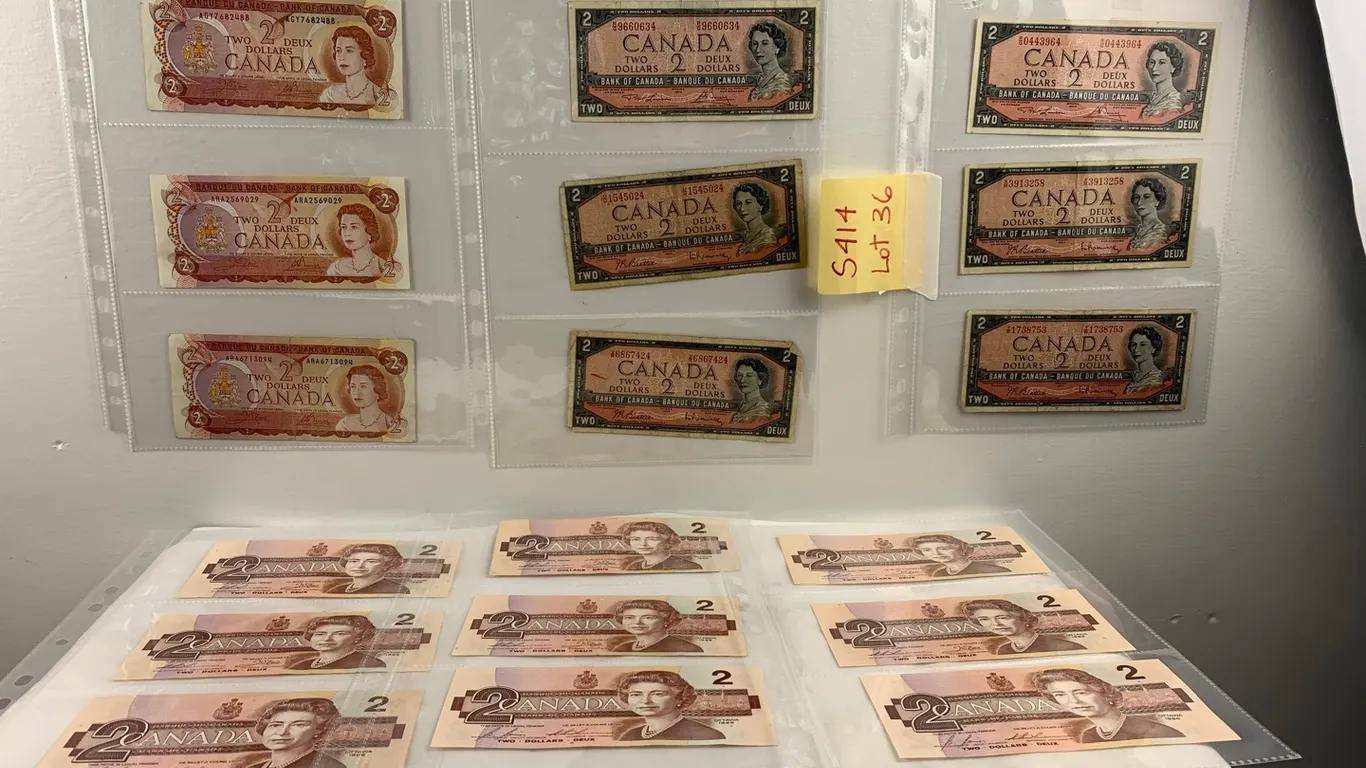 $2.00 Canadian Paper Bills 1954 (6), 1974 (3), 1986 (9), Item #36 (P6-?-S414)