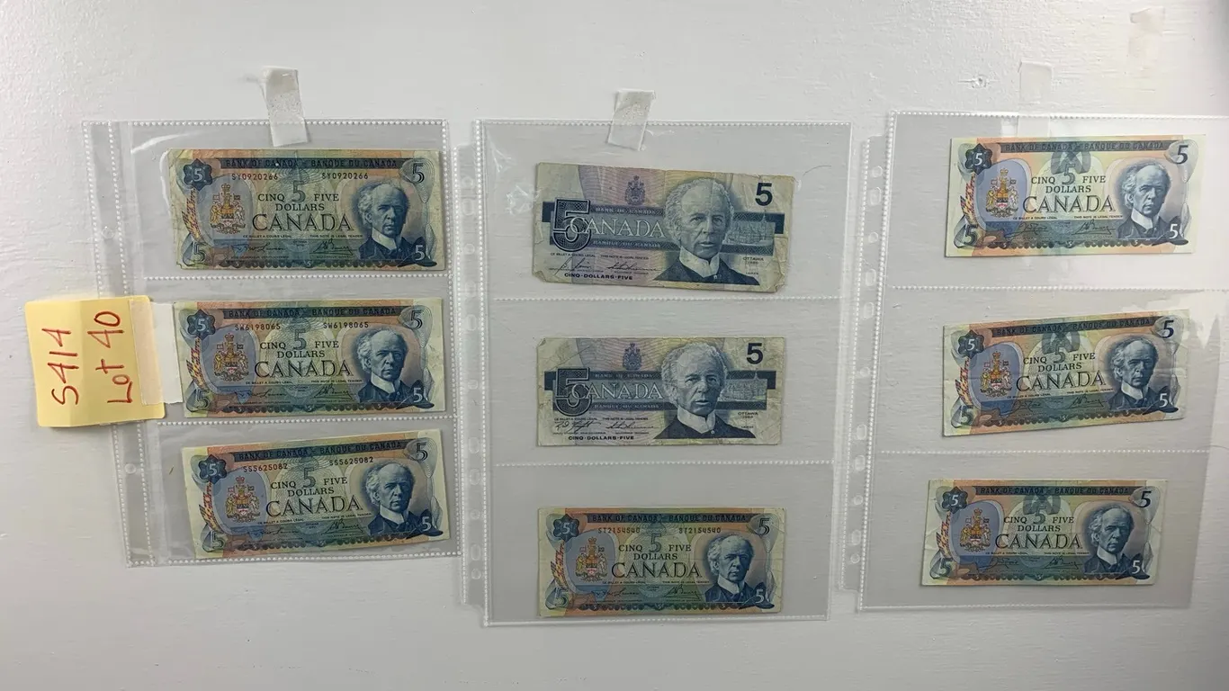$5.00 Canadian Paper Bills 1972 (4), 1979 (3), 1986 (2), Item #40 (P6-S414)