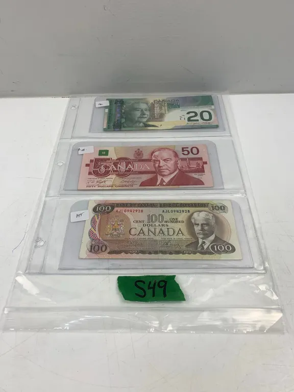 Canadian Bills 1975 $100, 1988 $50, 2004 $20 (P6-S49)