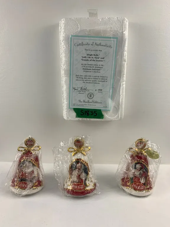 "Jingle Bells", "Jolly Ole St. Nick" & "Sounds of The Season" Christmas Bells, Premier Issue In The Coca-Cola Holidays Heirloom Porcelain Collection f