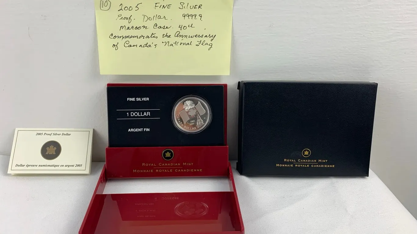 2005 Fine Silver Proof Dollar, .9999 Silver, 40th Anniversary of Canada's National Flag, Maroon Case, Item #10 (P6-S1656)