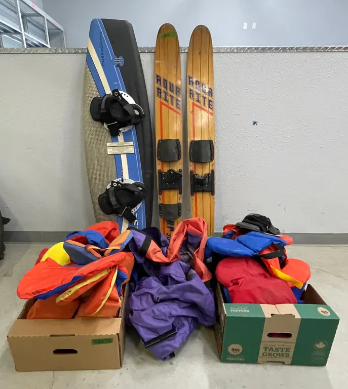 Ski Tube Cover, Water Skis, Wake Board and 10 Assorted Child and Infant Sized Life Jackets, Lot #4 (P3-NWFL-S2272)