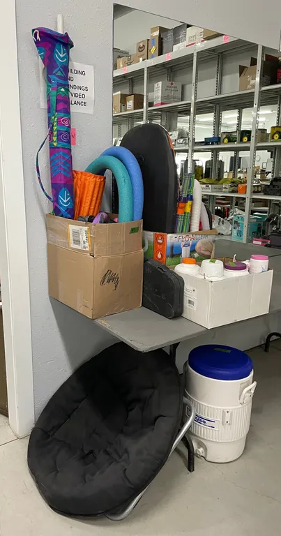 Pool Chemicals, Assorted Pool Pump Parts, Pool Toys, Kids Snorkel Gear, Lounge Lawn Chair, Drink Cooler, Horse Shoe Set and Small Pilons, Lot 5 (P3-S