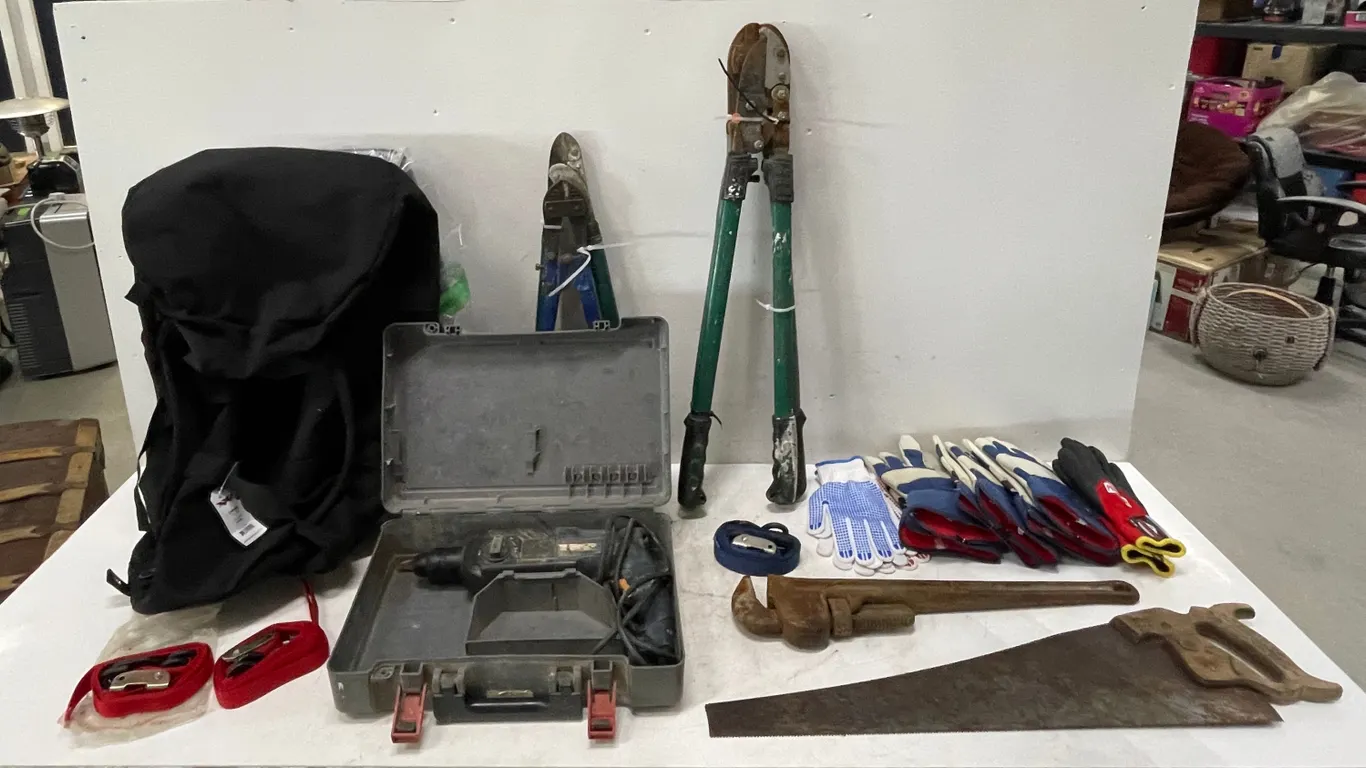 4 Sets of Bolt Cutters, 6 Pairs of Men's Gloves, 24" Ridgid Pipe Wrench, Bosch Hammer Drill, Hand Saw, Straps, and 2 Canvas 88Ltr Heavy Duty Gear Bags