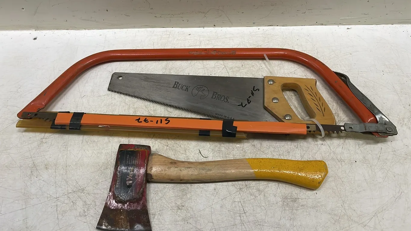 3 Hand Tools, Includes Hand Axe, Hand Saw, and Bow Saw, Marked 77 (P3-WWT2-S11)