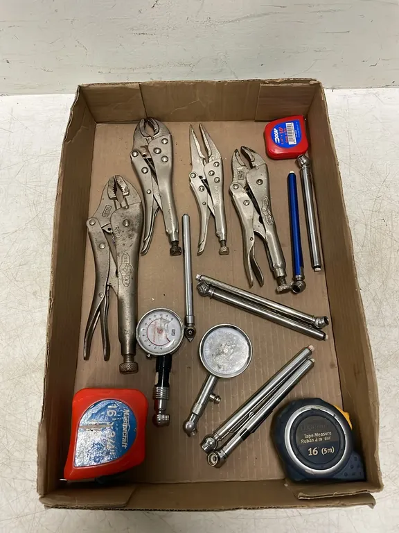 Flat of Misc Visegrips, Tire Gauges and Tape Measures, Item #40 (P3-R1T7-S483)