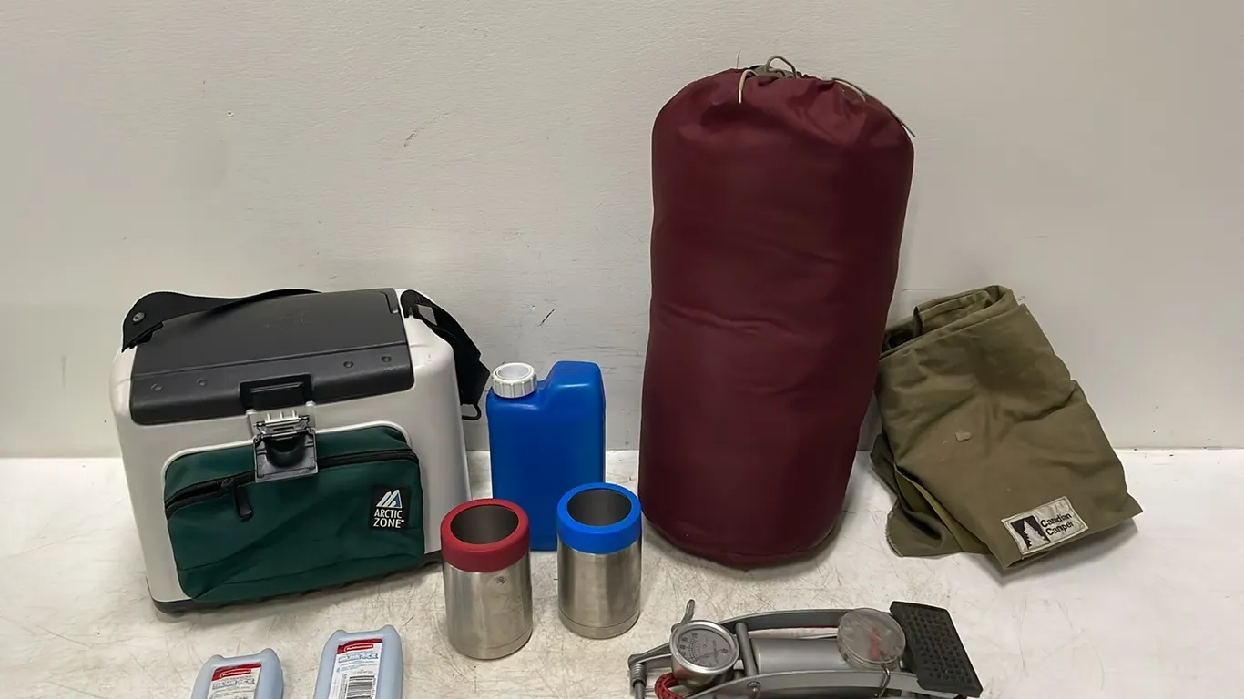 Lot of Camping Gear, Including Sleeping Bag, Multi-Use Foot Pump, Duffle Bag and Arctic Zone Cooler with Ice Packs and Cup Holders, Item #46 (P3-R1T7