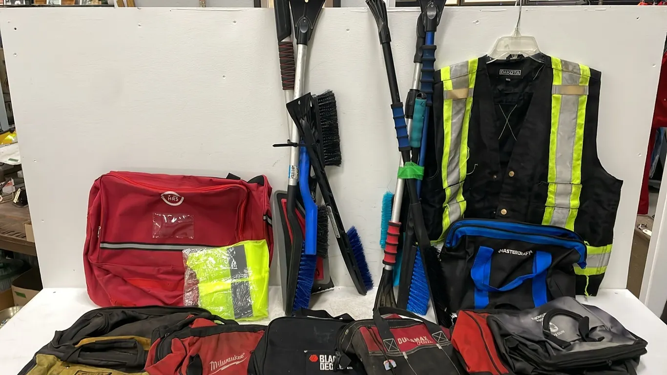 Large Box of 8 Various Tool Bags, 2 Hi-Vise Vests and 2 Bundles of Snowbrushes, Item #47 (P3-R1T7-S483)