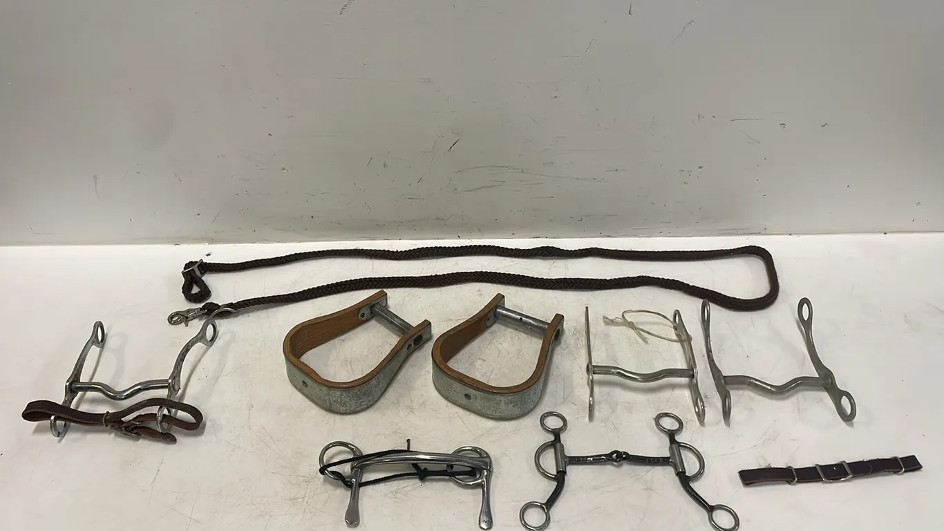 5 Horse Bits, 2 Stirrups and 1 Nylon Lead, Item#34 (P3-R3T6-S1557)