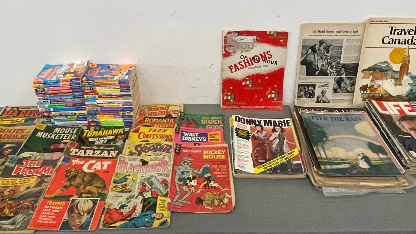Box of Archie Comic Books, Pile of Vintage Comics, Box of Misc. Magazines, Including Life and McLeans and Misc. Sheet Music, Item #6 (P3-EWS1-S1028)