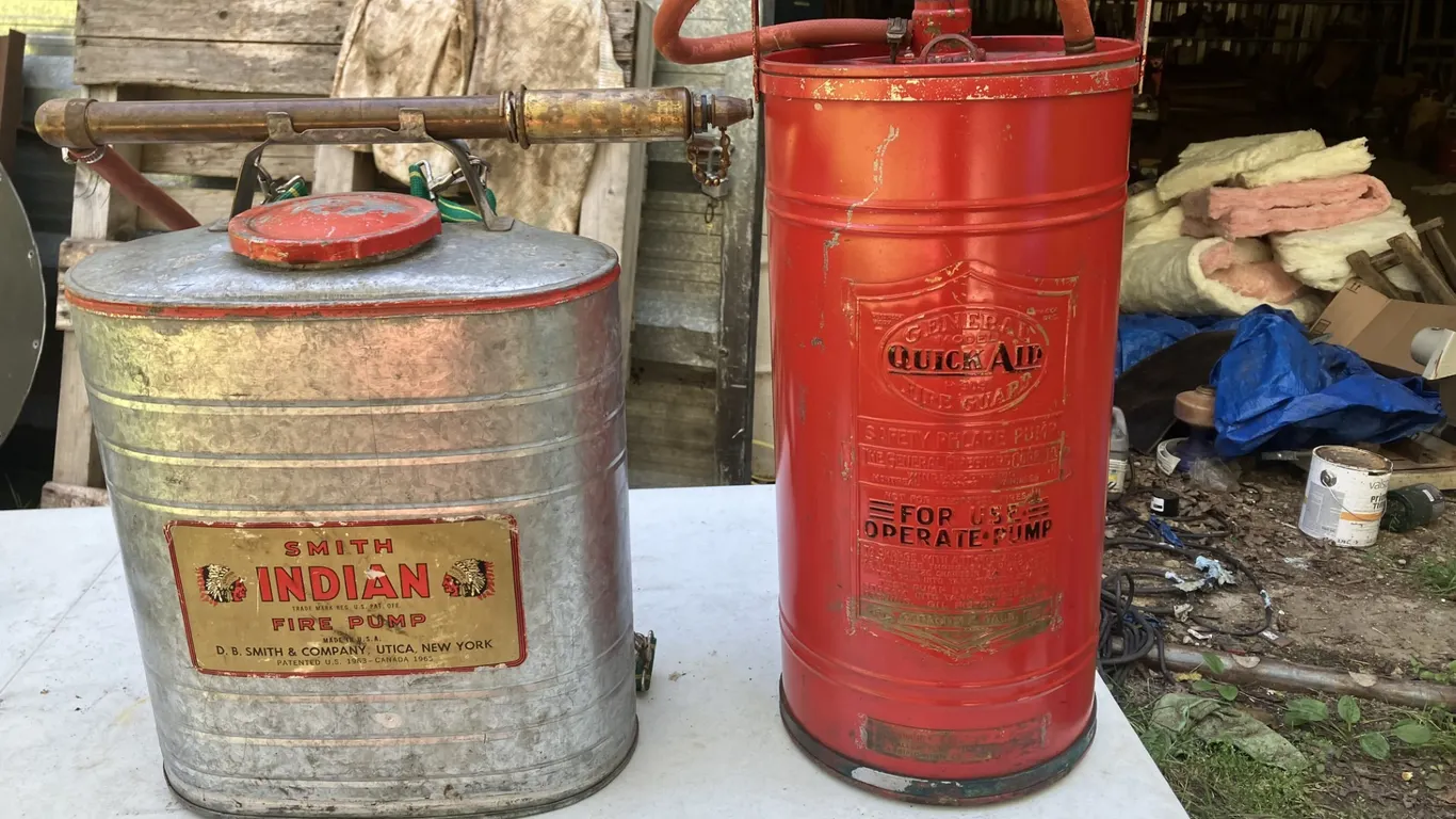 2 Fire Extinguishers, Vintage Smith Indian and General Quick Aid (P3-SWFL-S285)