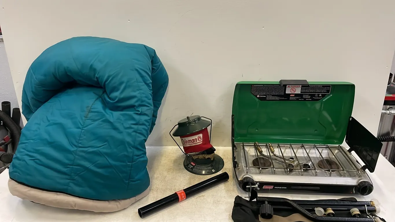 Propane Camp Stove, Sleeping Bag and Camping Lamp, Items #9,10 & 11 (P3-R2T8-S2300)