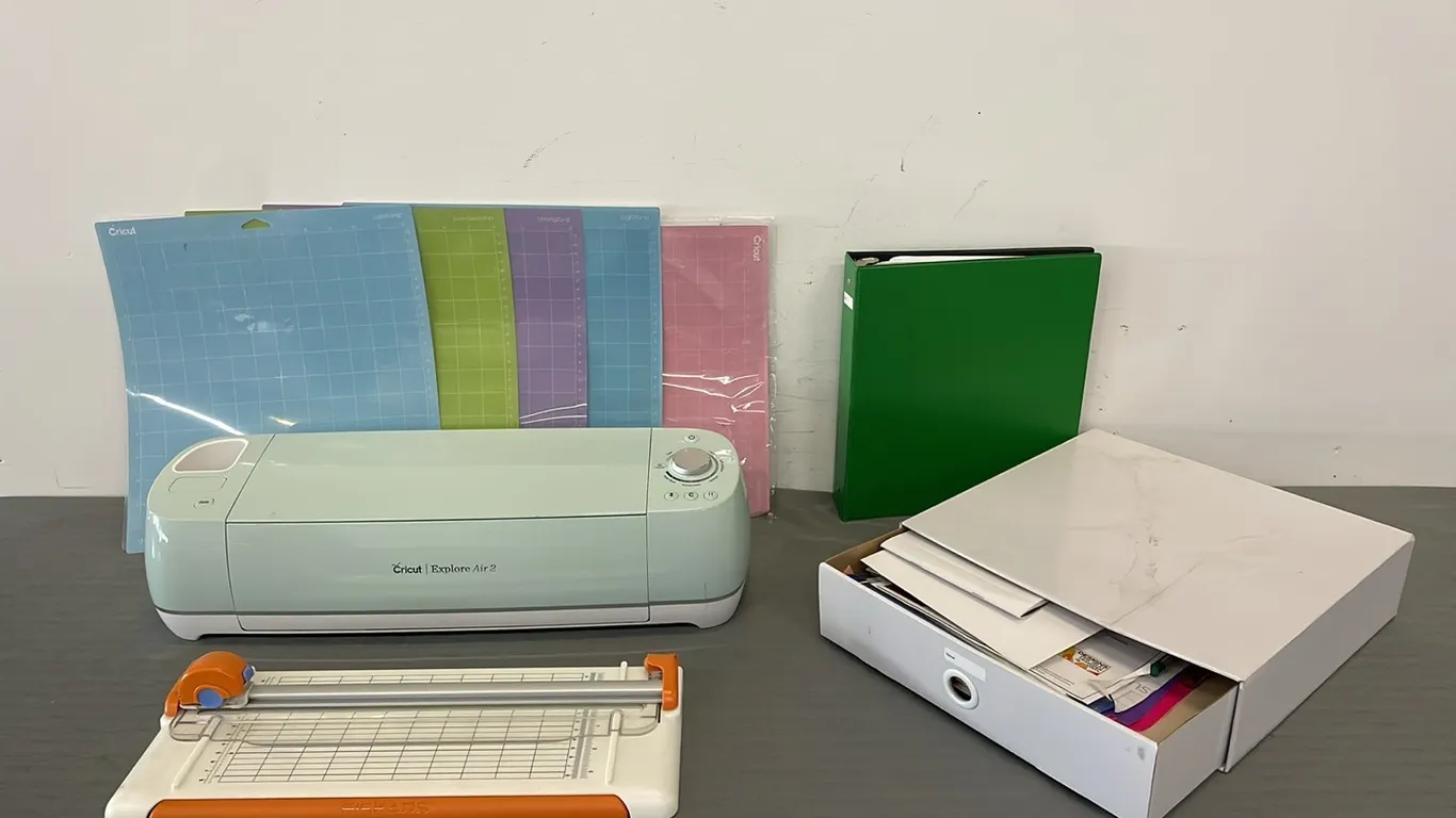 Cricut Explorer Air 2, 5 Mats, Basic Tool Set, Color Pens, Cricut Vinal, Iron On Sheets, Cricut Coach Playbook Binder, and Manual (P3-EWS1-S1835)