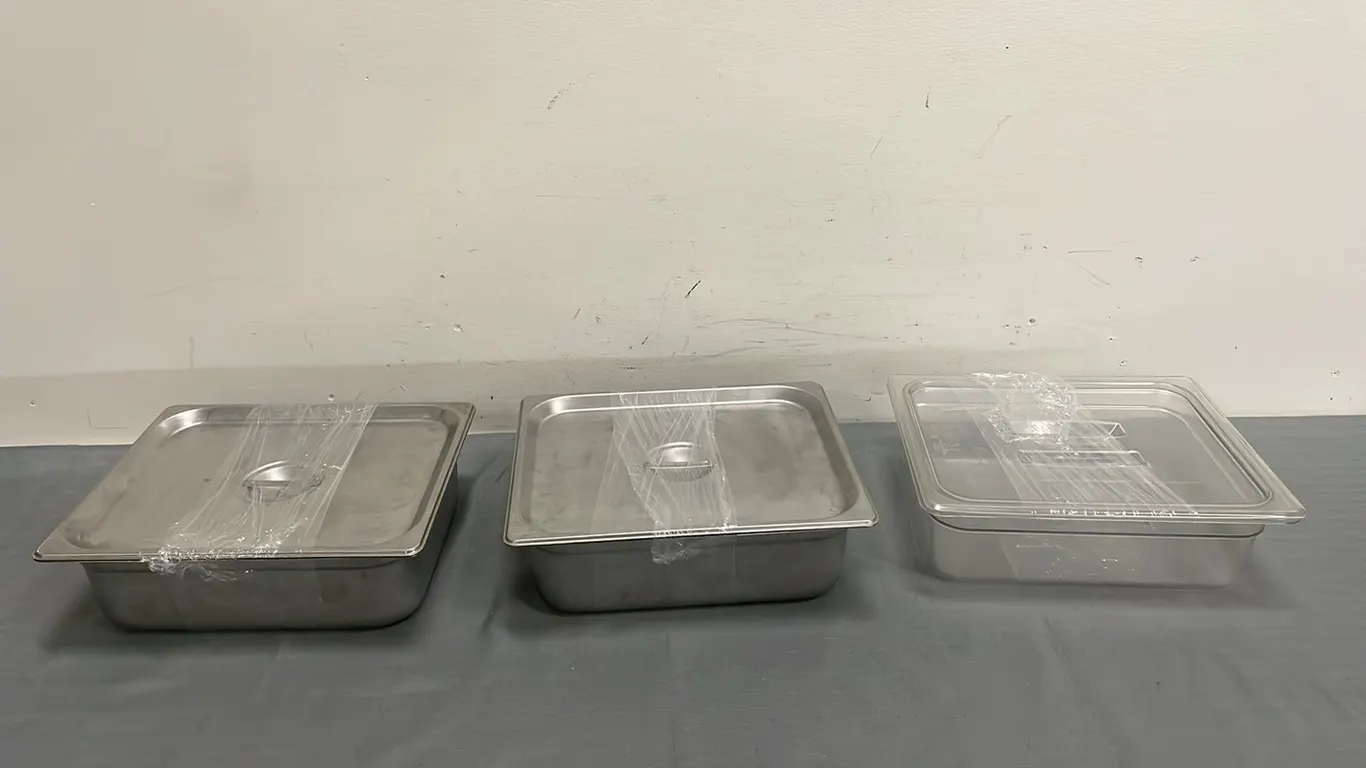 2 Stainless Steel Half Inserts with Lids for Steam Table, 10 1/2 x 13 x 6, and 1 Plastic Food Storage Half Insert with Lid, 10 1/2 x 13 x 4 (P3-R3T4-