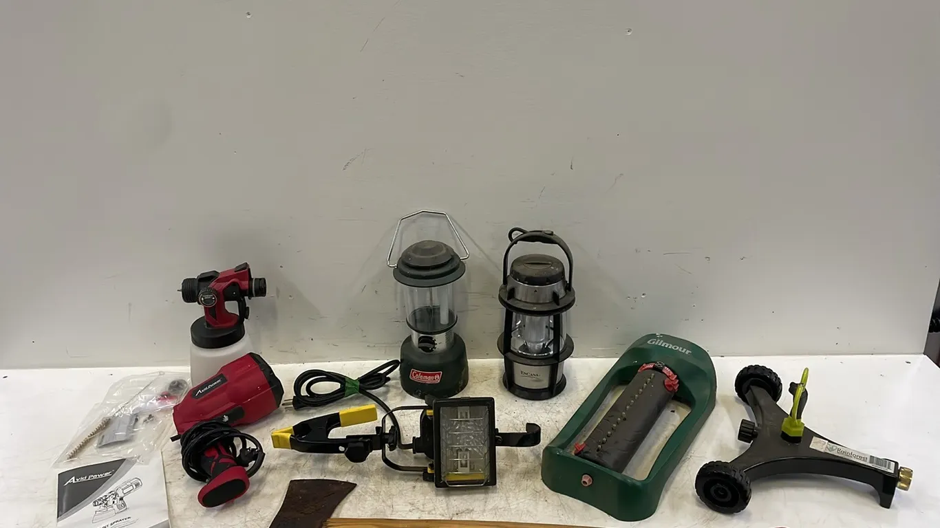 Axe, Paint Sprayer, 2 Lawn Sprinklers, 2 Lanterns and Trouble Light (P3-R3T2-S2323)