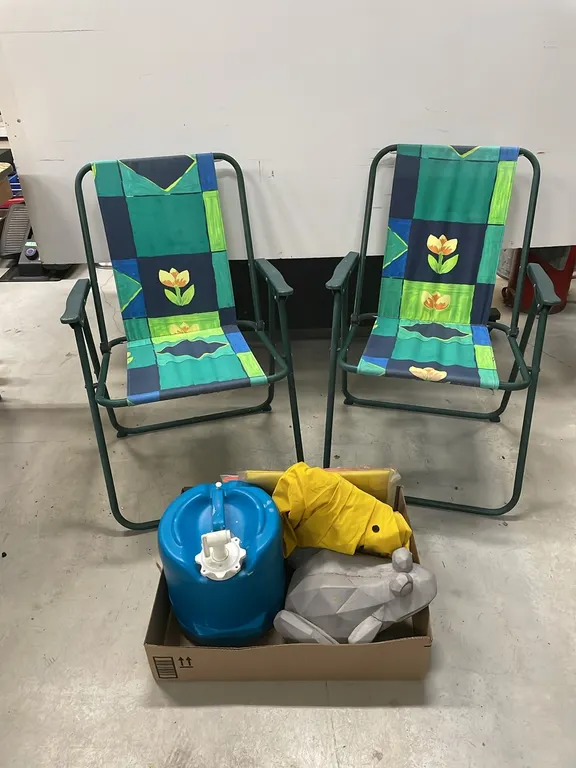 2 Folding Camp Chairs, Blue Water Jug, Decorative Frog Garden Ornament and 2 Sets of Rain Gear, Sizes Large & X-Large (P3-R3T4-S838)